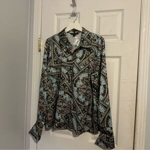 Boston Proper Sophia Charmeuse Paisley Blouse - Teal/Gold - size 18